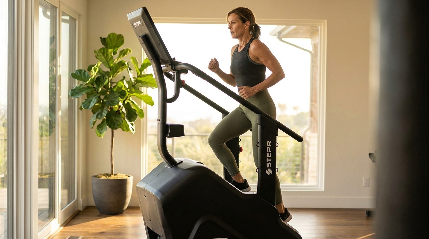 Woman training on the STEPR PRO Classic stair climber in a bright home gym