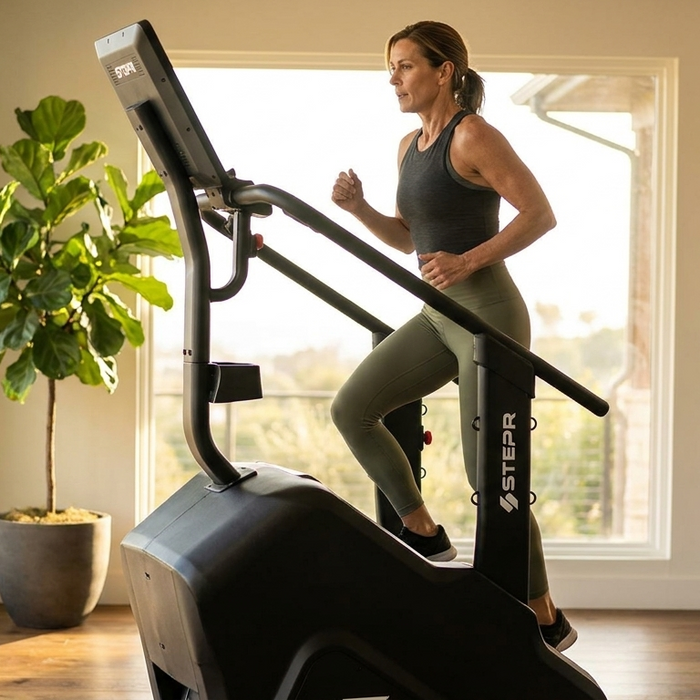 Woman training on the STEPR PRO Classic stair climber in a bright home gym