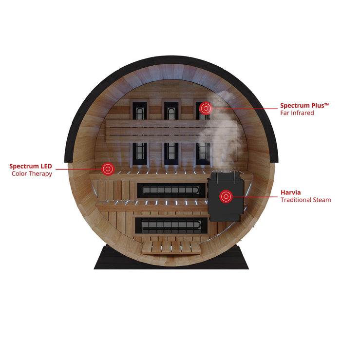 Finnmark 4-Person Hybrid Outdoor Infrared & Traditional Thermo-Aspen Barrel Sauna | FD-7