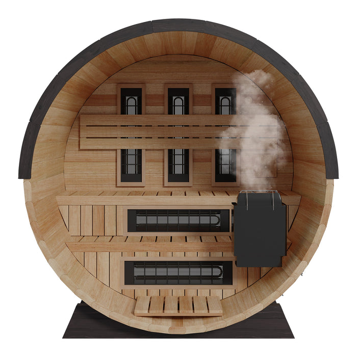 Finnmark 4-Person Hybrid Outdoor Infrared & Traditional Thermo-Aspen Barrel Sauna | FD-7