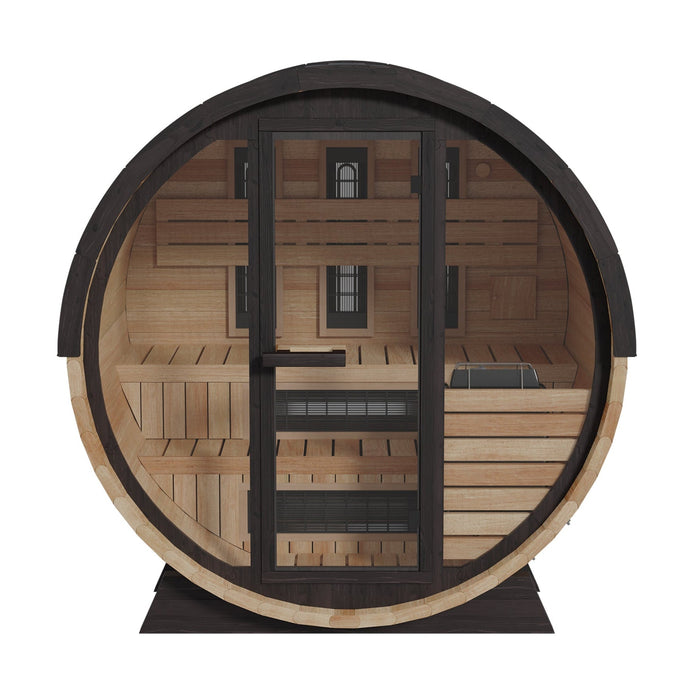 Finnmark 4-Person Hybrid Outdoor Infrared & Traditional Thermo-Aspen Barrel Sauna | FD-7