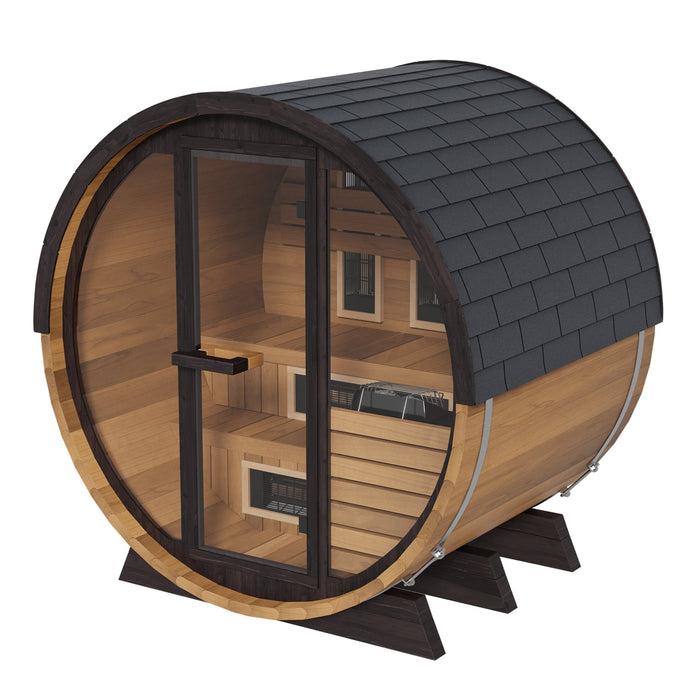 Finnmark 4-Person Hybrid Outdoor Infrared & Traditional Thermo-Aspen Barrel Sauna | FD-7