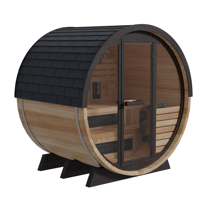 Finnmark 4-Person Hybrid Outdoor Infrared & Traditional Thermo-Aspen Barrel Sauna | FD-7