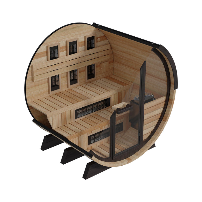 Finnmark 4-Person Hybrid Outdoor Infrared & Traditional Thermo-Aspen Barrel Sauna | FD-7