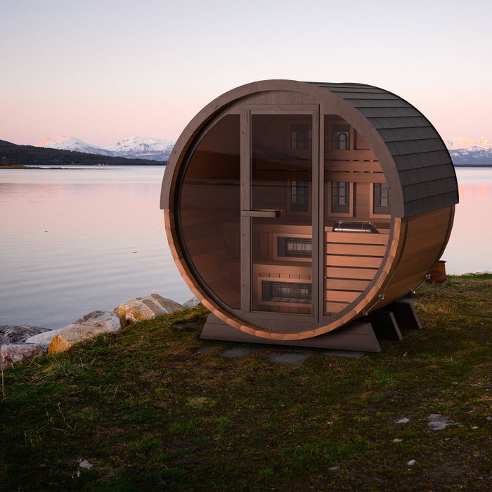 Finnmark 4-Person Hybrid Outdoor Infrared & Traditional Thermo-Aspen Barrel Sauna | FD-7