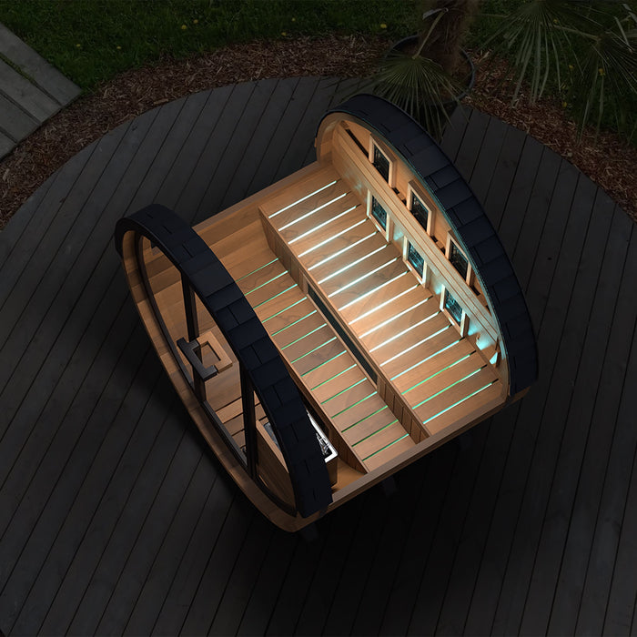 Finnmark 4-Person Hybrid Outdoor Infrared & Traditional Thermo-Aspen Barrel Sauna | FD-7
