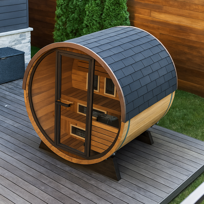 Finnmark 4-Person Hybrid Outdoor Infrared & Traditional Thermo-Aspen Barrel Sauna | FD-7
