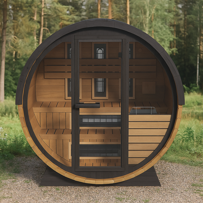 Finnmark 4-Person Hybrid Outdoor Infrared & Traditional Thermo-Aspen Barrel Sauna | FD-7