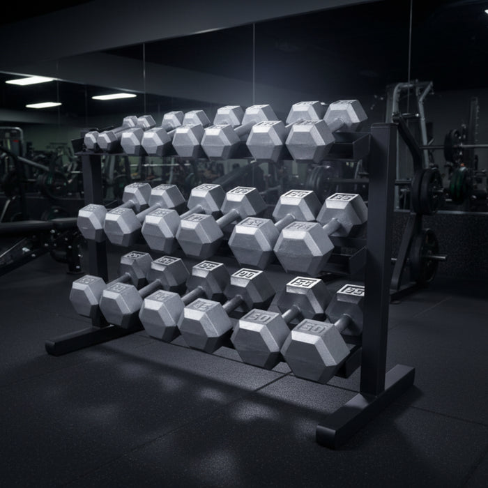 body-solid 3-tier dumbbell rack gdr363b with various weight dumbbells