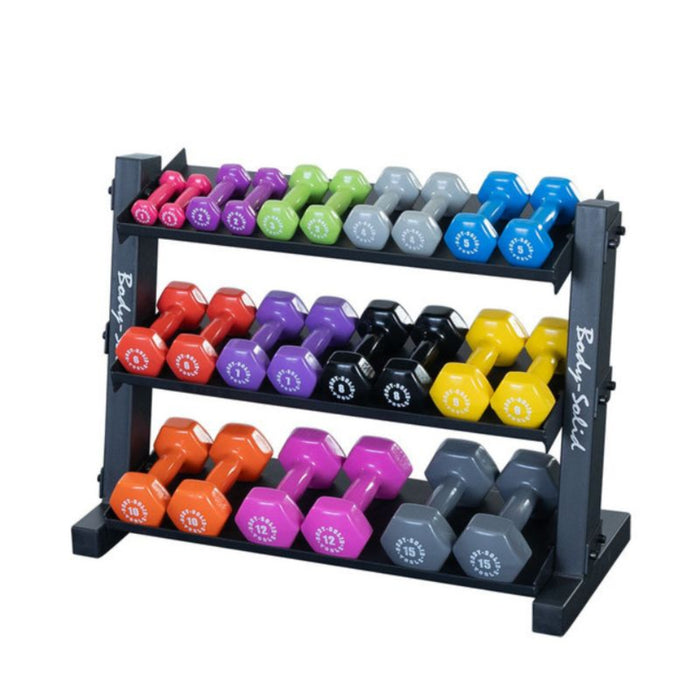 body-solid 3-tier vinyl and neoprene dumbbell rack gdr34b loaded set front