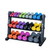 body-solid 3-tier vinyl and neoprene dumbbell rack gdr34b loaded set front