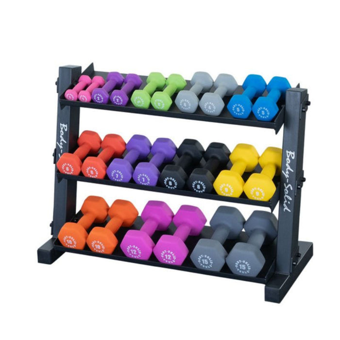 body solid 3-tier vinyl and neoprene dumbbell rack gdr34b loaded set side