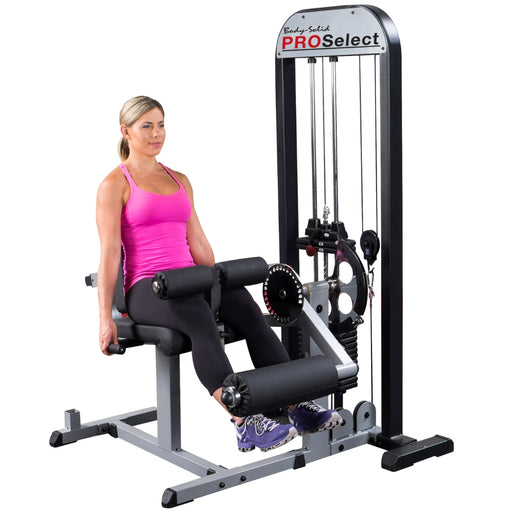 Body Solid gcec stk pro select leg extension leg curl machine model front view white background.