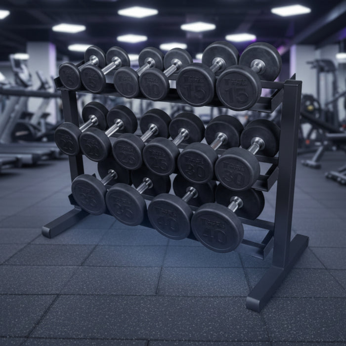 body-solid gdr363b 3-tier horizontal dumbbell rack loaded with black dumbbells