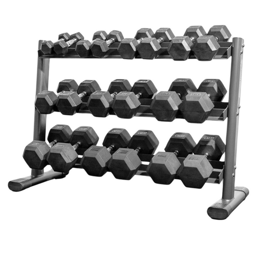 rubber hex dumbbell sets with 3-tier rack white background