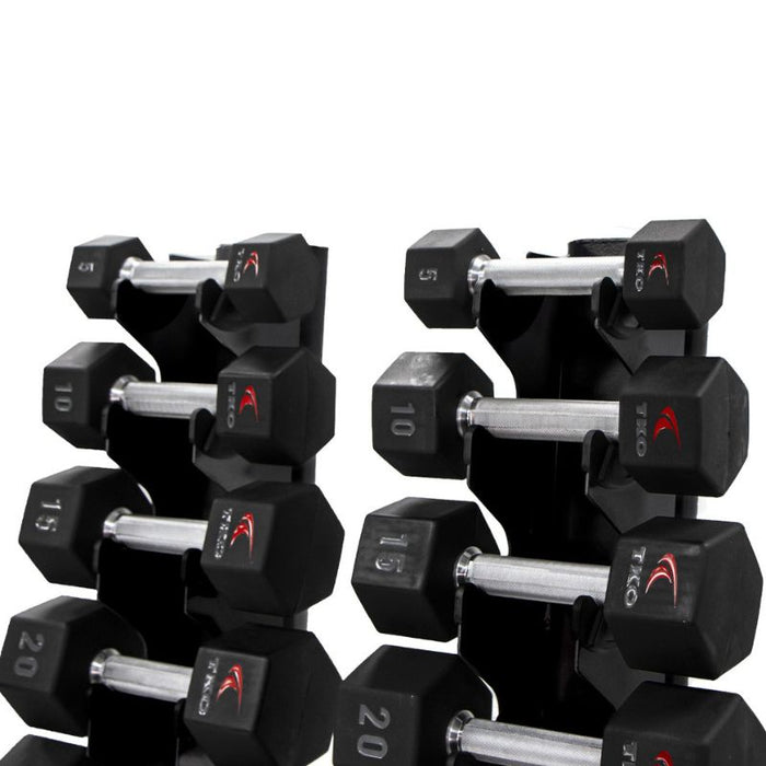 TKO 10-Pair Tri-Grip Urethane Hex Dumbbell Set with Rack