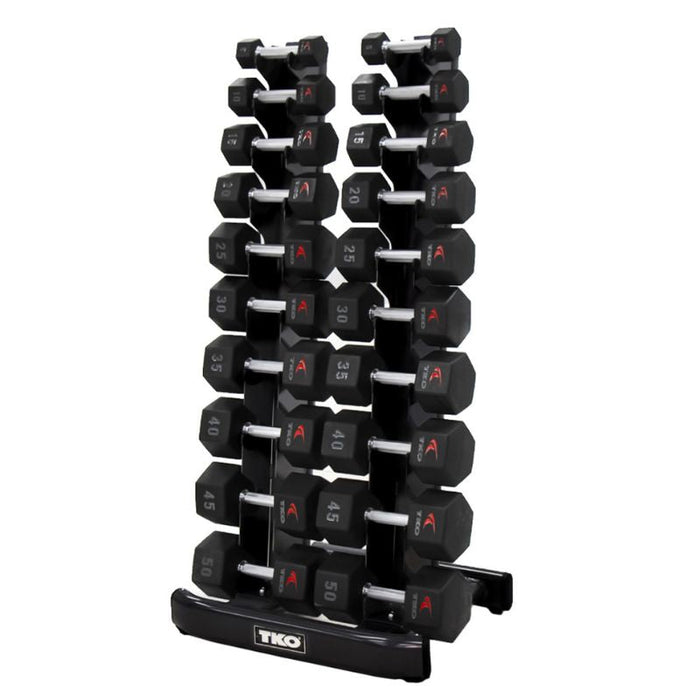 TKO 10-Pair Tri-Grip Urethane Hex Dumbbell Set with Rack