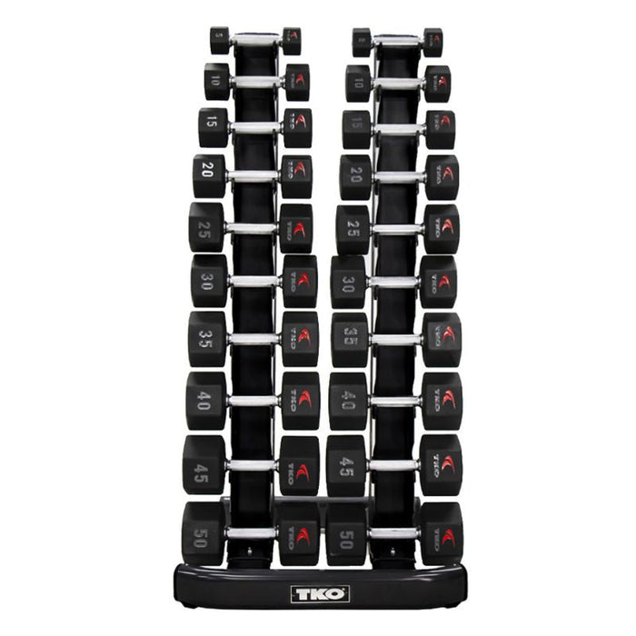 TKO 10-Pair Tri-Grip Urethane Hex Dumbbell Set with Rack
