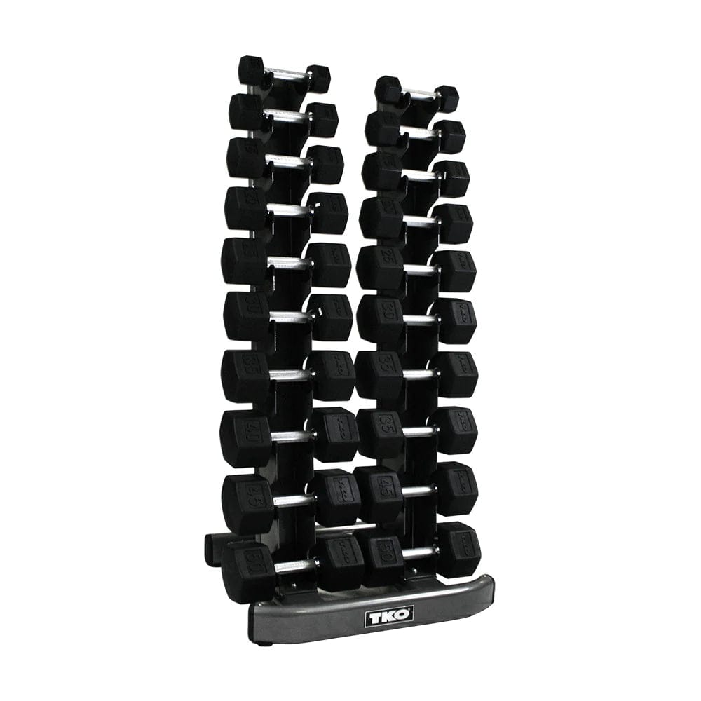 TKO 10 Pair Vertical Dumbbell Rack Set 5-50 Lb. 10 Pairs Rack +5-50 Lb. Straight Handle Rubber Dumbbells