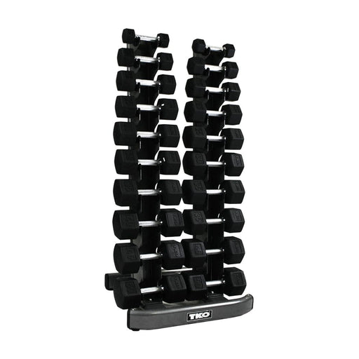 TKO 10 Pair Vertical Dumbbell Rack Set 5-50 Lb. 10 Pairs Rack +5-50 Lb. Straight Handle Rubber Dumbbells