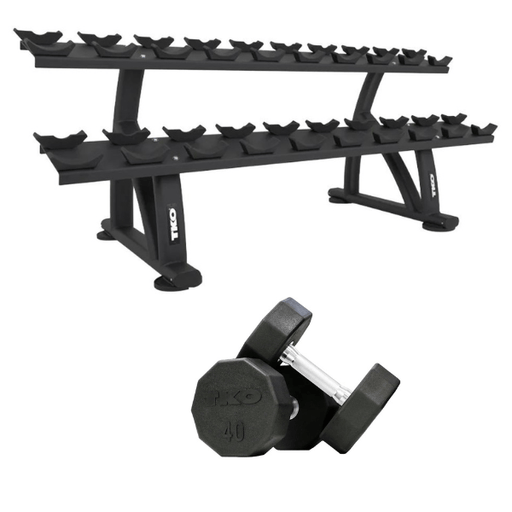 TKO 10-Sided Rubber Dumbbell Set With Rack 5-50 Lb. Set + 7051 Saddle Rack