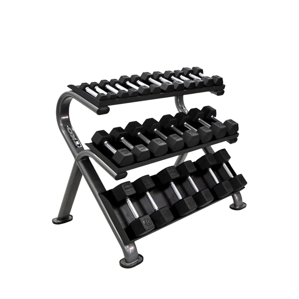 TKO Rubber Hex Dumbbell Set with 3-Tier Horizontal Rack