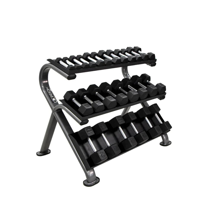 TKO 5-50 Lb. Dumbbell Set with 890HDR 3 Tier Commercial Rack Rack +5-50Lb. Rubber Hex Dumbbells