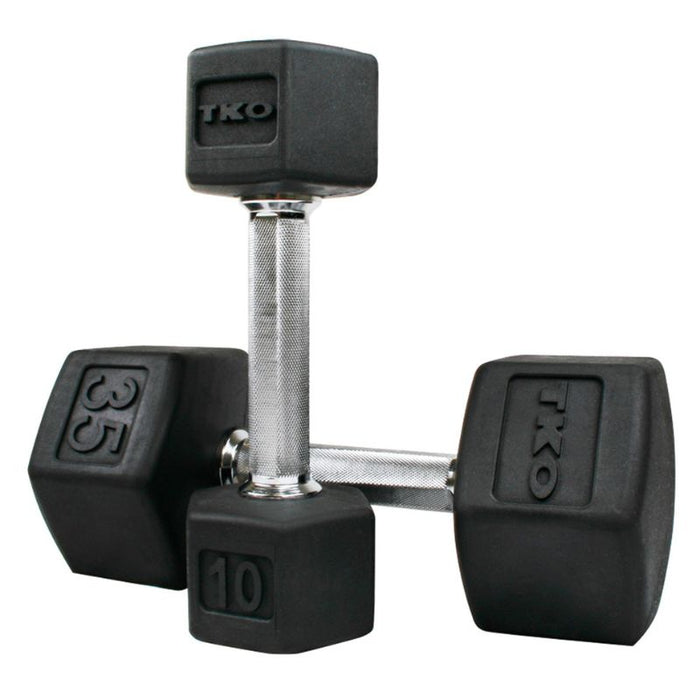 TKO 5-50lb Tri-Grip Rubber Hex Dumbbell Set with Vertical Rack