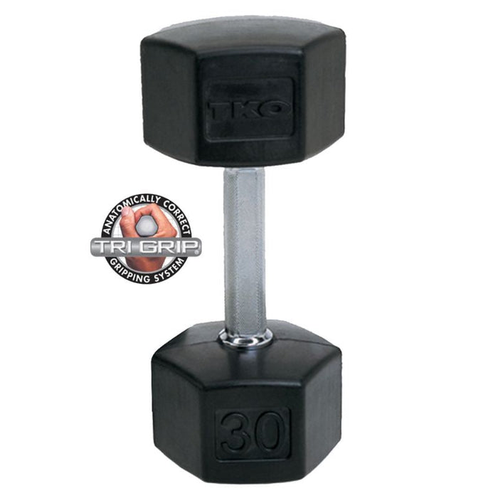 TKO 5-50lb Tri-Grip Rubber Hex Dumbbell Set with Vertical Rack