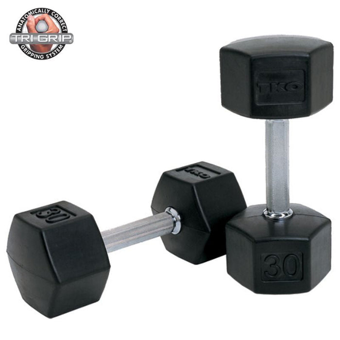 TKO 5-50lb Tri-Grip Rubber Hex Set with 3-Tier Rail Rack