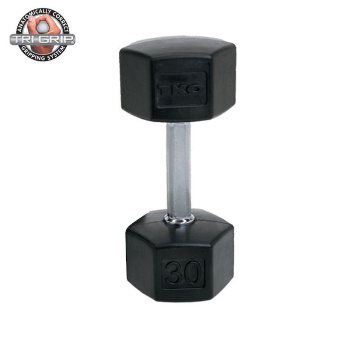 TKO 5-50lb Tri-Grip Rubber Hex Set with 3-Tier Rail Rack