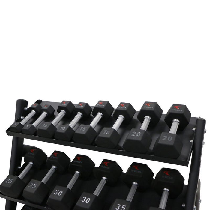 TKO 5-50lb Tri-Grip Urethane Hex Dumbbell Set with 3-Tier Tray Rack