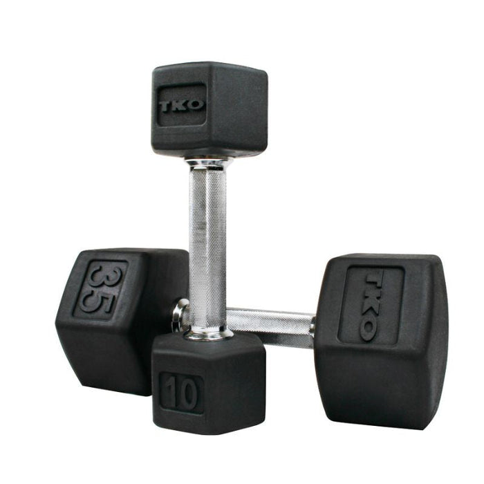 TKO 8-Pair Tri-Grip Rubber Hex Dumbbell Set with Rack