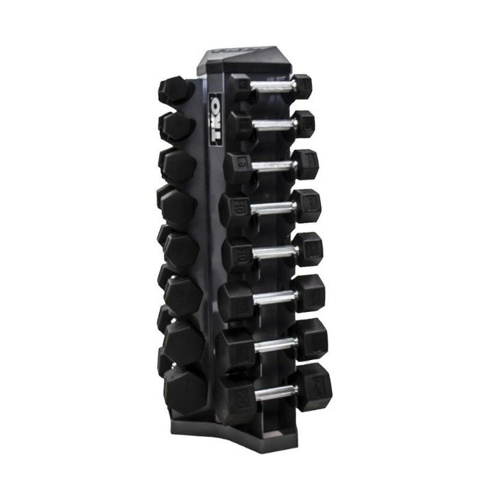 TKO 8-Pair Tri-Grip Rubber Hex Dumbbell Set with Rack