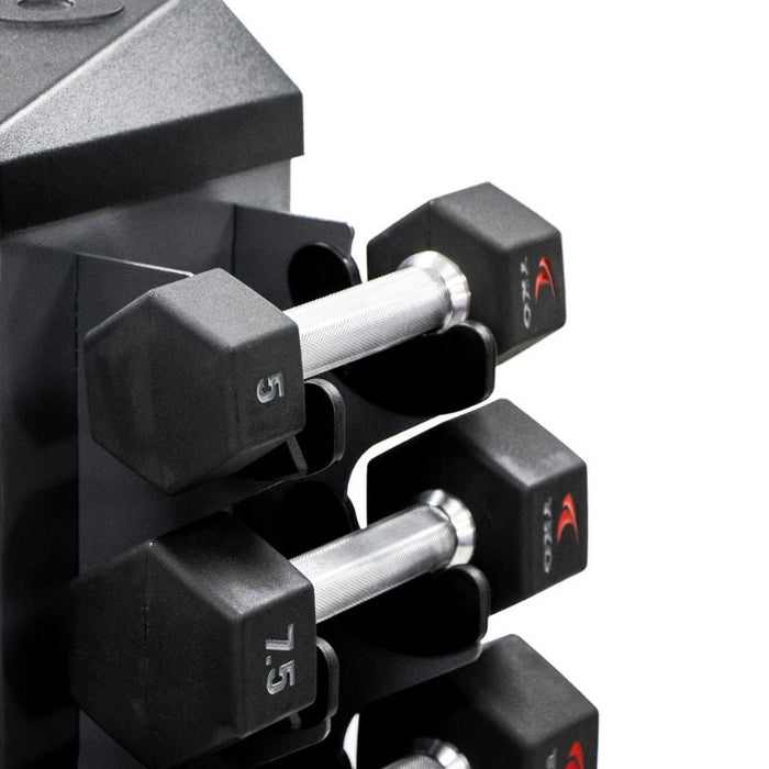 TKO 8-Pair Tri-Grip Rubber Hex Dumbbell Set with Rack