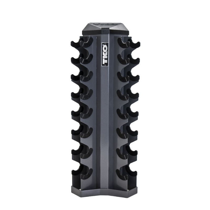 TKO 8-Pair Tri-Grip Rubber Hex Dumbbell Set with Rack