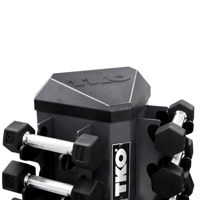 TKO 8-Pair Tri-Grip Rubber Hex Dumbbell Set with Rack