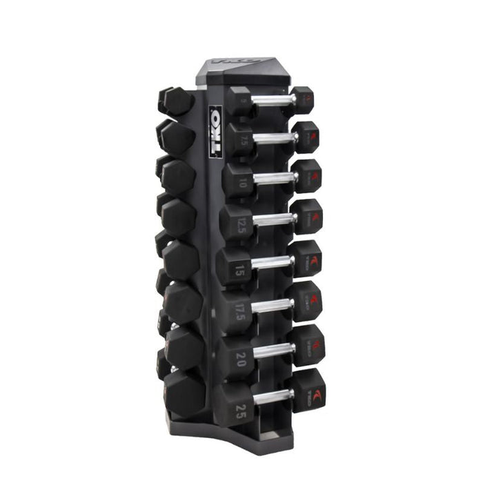 TKO 8-Pair Tri-Grip Urethane Hex Dumbbell Set with Rack