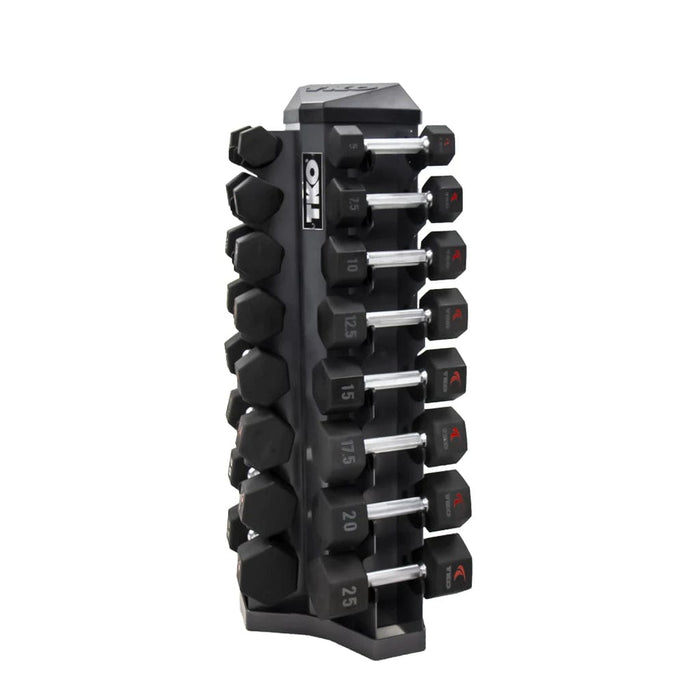 TKO Dumbbell Set with 8 Pair Vertical Dumbbell Rack 3-25 Lb. Urethane Tri-Grip Set and Rack